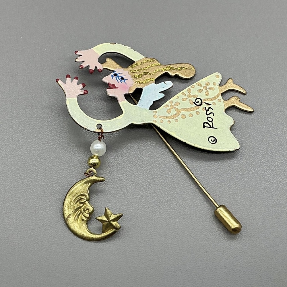 Karen Rossi Angel Moon Star Stick Pin Gold Tone Enamel Imitation Pearl Jewelry